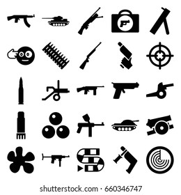 Gun icons set. set of 25 gun filled icons such as briefcase with weapon, radar, head bang emot, glue pen, cannon, canon ball, bullet, ammo, tank, sniper target, dice game