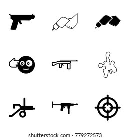 Gun icons. set of 9 editable filled and outline gun icons such as head bang emot, cannon, sniper target