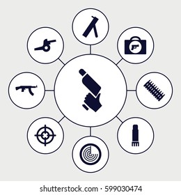 gun icons set. Set of 9 gun filled icons such as briefcase with weapon, radar, glue pen, cannon, ammo