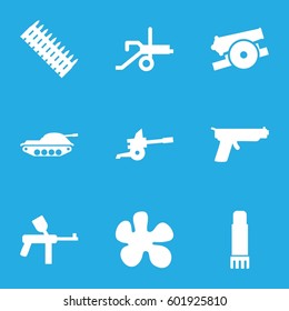 gun icons set. Set of 9 gun filled icons such as glue pen, cannon, ammo, tank, gun