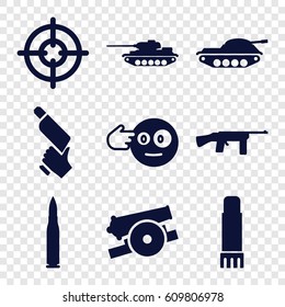 Gun icons set. set of 9 gun filled icons such as head bang emot, glue pen, cannon, bullet, tank