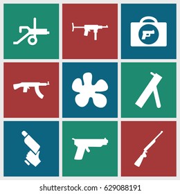 Gun icons set. set of 9 gun filled icons such as briefcase with weapon, cannon