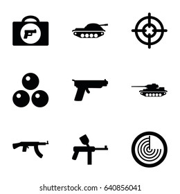 Gun icons set. set of 9 gun filled icons such as briefcase with weapon, radar, canon ball, tank, sniper target