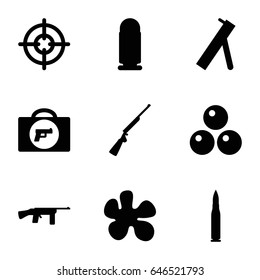 Gun icons set. set of 9 gun filled icons such as briefcase with weapon, canon ball, cannon, bullet, sniper target