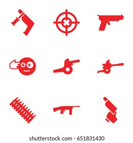 Gun icons set. set of 9 gun filled icons such as head bang emot, cannon, ammo