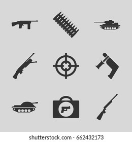 Gun icons set. set of 9 gun filled icons such as briefcase with weapon, ammo, tank