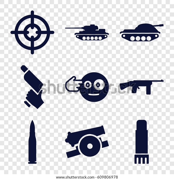 Gun icons set. set of 9 gun\
filled icons such as head bang emot, glue pen, cannon, bullet,\
tank