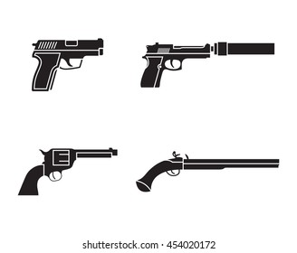 Gun icons set: black, isolated on a whhite background