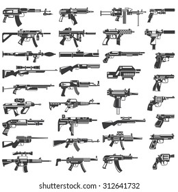 Gun Icons Set, Machine Gun, Rifle, Weapon Vector