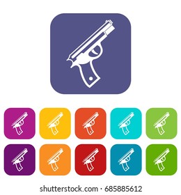 Gun icons set vector illustration in flat style in colors red, blue, green, and other