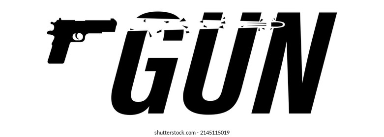 Ilustración de arma, pistola de águila dispara en texto. Vector