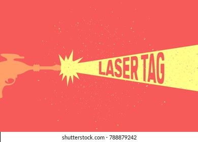gun for laser tag, shot ray and flash, vector illustration, flat silhouette, scrapes, texture, red, yellow, dark, banner, concept for design