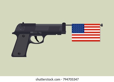 Gun laws in America, 2nd Amendment. Vector flat 2D illustration of gun with american flag.