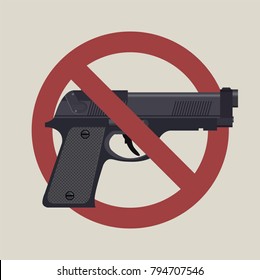 Gun Laws, No Hand Gun Ban Symbol. Vector Flat 2D Illustration Of A No Firearms Symbol.