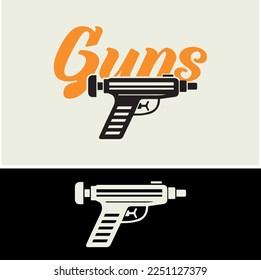 Gun logo design, toy gun vector Icon. Weapon symbol illustration. 
water gun icon for your website, company, brand.
Letters GUNS with vector weapon icon - vector illustration.