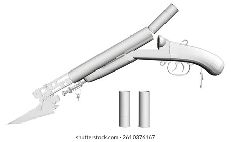 A gun with a long barrel and a short barrel. The gun is in a white background