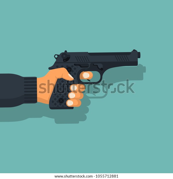 銃を突きつけて ピストルは男を手に持つ 背景に火器 人は保護か攻撃のために武装している ベクターイラストフラットデザイン 攻撃者か警官 のベクター画像素材 ロイヤリティフリー
