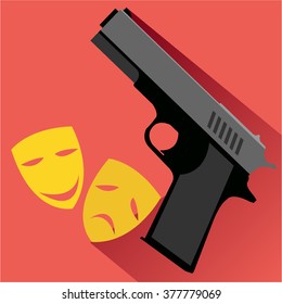 Gun and mask theater flat icon. Modern colored icons in a flat design with long shadow.