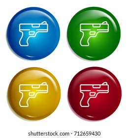 Gun multi color gradient glossy badge icon set. Realistic shiny badge icon or logo mockup