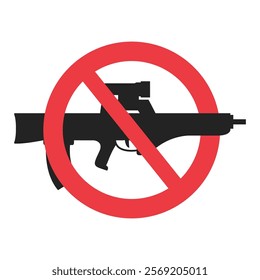 Gun not allowed sign.Weapons prohibited.No gun sign. The forbidden gun rifle black silhouette.Vector flat illustration.Isolated on white background.