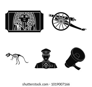 Gun on wheels, dinosaur skeleton, security guard in uniform, admission ticket. Museum set collection icons in black style vector symbol stock illustration web.