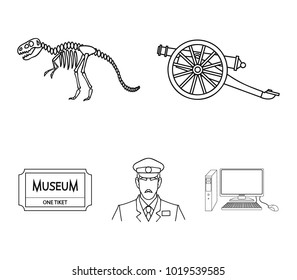 Gun on wheels, dinosaur skeleton, security guard in uniform, admission ticket. Museum set collection icons in outline style vector symbol stock illustration web.