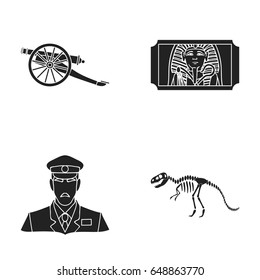 Gun on wheels, dinosaur skeleton, security guard in uniform, admission ticket. Museum set collection icons in black style vector symbol stock illustration web.