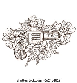 Gun and peonies. Contour vector illustration isolated on white background for tattoo, design T-shirts and other items.
