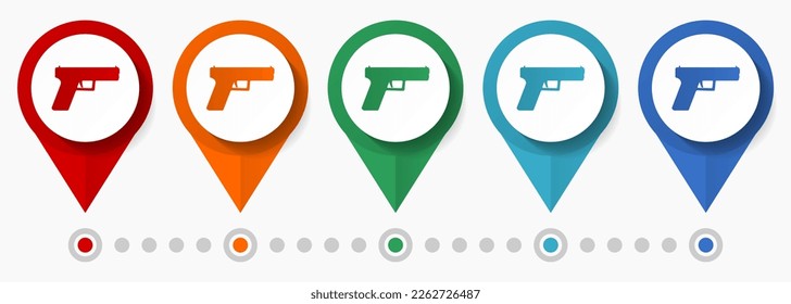 Gun, pistol concept vector icon set, flat design weapon pointers, infographic template easy to edit