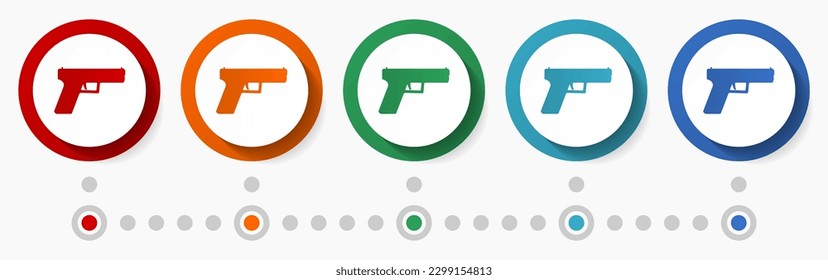 Arma, pistol concepto conjunto de iconos vectoriales, plantilla infográfica, diseño plano, botones web coloridos en 5 opciones de color