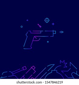Gun, pistol, handgun vector gradient line icon, illustration, symbol or pictogram, sign. Dark blue background. Related bottom border.