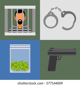 Gun, prison and drugs colored vector icons set