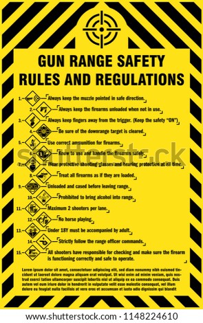 Gun range safety rules and regulations. Live-fire safety rules with signs and symbols. Black and yellow color sign.