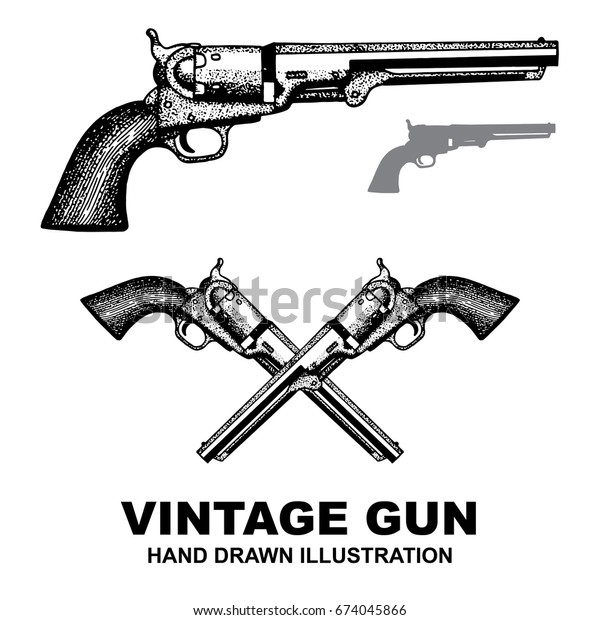 銃の拳銃 拳銃6発 レトロな彫刻様式の手描きのイラスト のベクター画像素材 ロイヤリティフリー