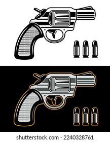 Gun or revolver vector illustration in two styles black on white and colorful on dark background