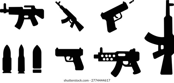 Gun rifle pistol weapon set collection group icons, firearm armament ammo bullet vector pack, assault handgun carbine silhouette and outline flat line black style isolated design elements