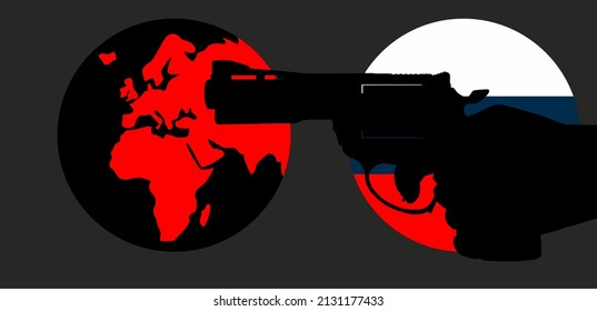 arma con bandera rusa dirigida contra el globo terrestre rojo, ilustración vectorial de concepto de guerra