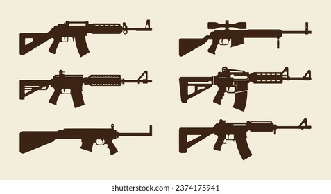 gun set of silhouettes of various weapons