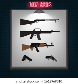 Gun sets background, Gun room in home, Security room, Accessory for war, Danger room.