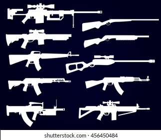 Gun shapes black icon vector set with rifles and pistol