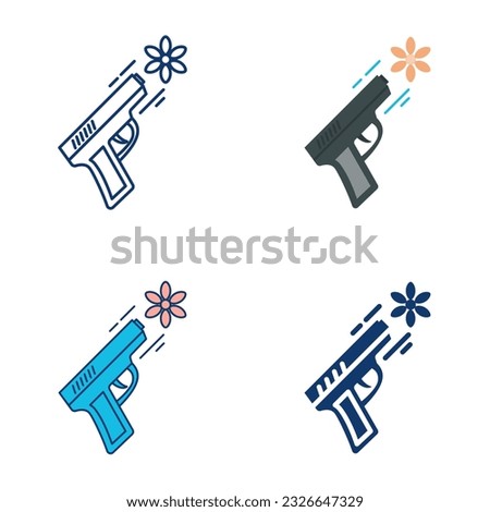 Gun shooting flower icon set in flat and line style. Pistol with floral, peace symbol. Vector illustration.