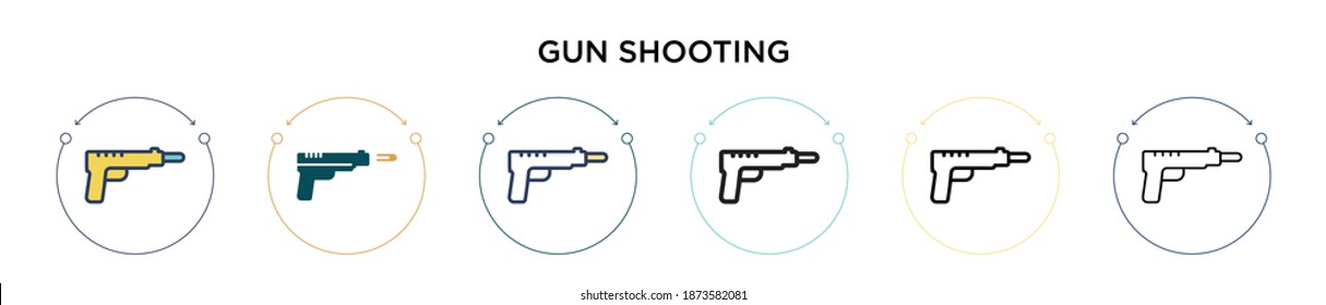 Icono de disparo de arma en el estilo de línea fina, contorno y trazo. Ilustración vectorial de dos diseños de iconos vectores de disparos de armas de color y negro se pueden utilizar para móviles, ui, web