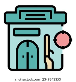 Vector de contorno de icono de la tienda de armas. Tienda deportiva. Color plano del equipo central