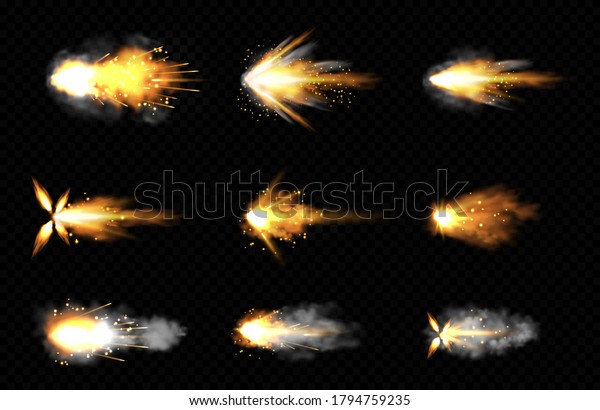 Gun shot\
with fire and smoke. Weapon firing effects. Vector realistic set of\
gun muzzle flashes, flying bullets with flame, sparks and smoke\
clouds isolated on transparent\
background