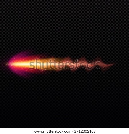 Gun shot streak with red fire and smoke effect. Weapon firing blast. Vector realistic flying bullet gun flash wavy flame trail, explosion shoot on transparent background. Game combat visual element