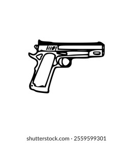 A gun is shown in a black and white drawing