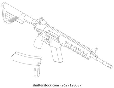 Eine Waffe ist in einer schwarz-weißen Zeichnung dargestellt. Das Gewehr ist ein Gewehr mit einem langen Lauf und einem schwarzen Schaft. Die Waffe liegt auf der Seite, der Lauf zeigt nach rechts