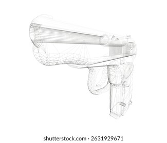 Una pistola se muestra en un dibujo en blanco y negro. La pistola es una pistola y se muestra de cerca. El dibujo es de una pistola que no está en uso