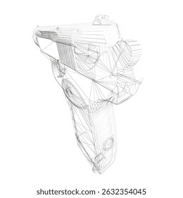 Uma arma é mostrada em um desenho preto e branco. A arma é uma pistola e está posicionada no meio da imagem. O desenho é de natureza muito abstrata, com a arma parecendo ser feita de papel