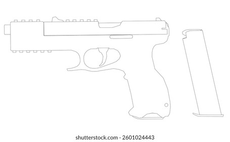 A gun is shown in a black and white image. The gun is a handgun and is shown in a crosshatch style